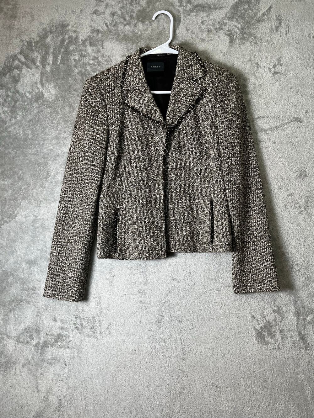 AKRIS Wool Tweed Blazer Jacket Size 6 Brown Black Textured Career Luxury Classic